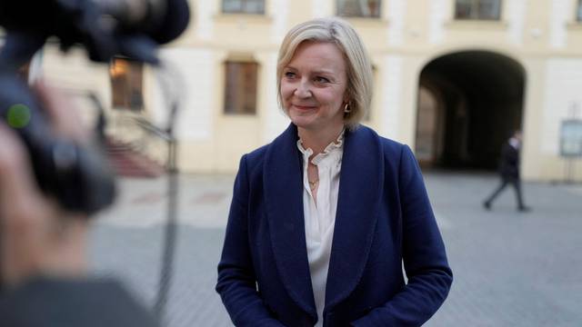 British Prime Minister Liz Truss makes a press statement after a meeting of the European Political Community at Prague Castle in Prague