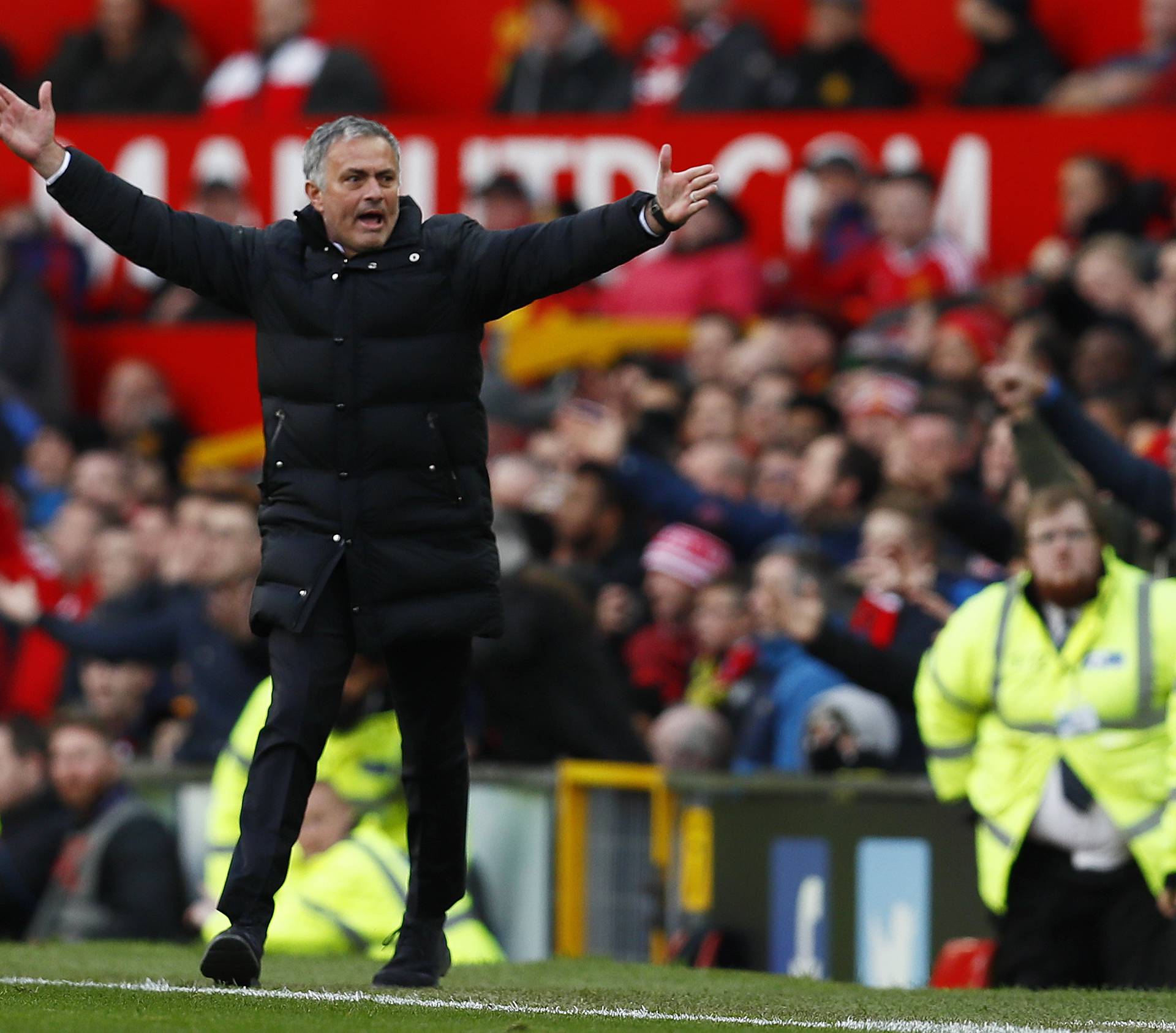 Manchester United manager Jose Mourinho reacts after a penalty is not awarded to his side