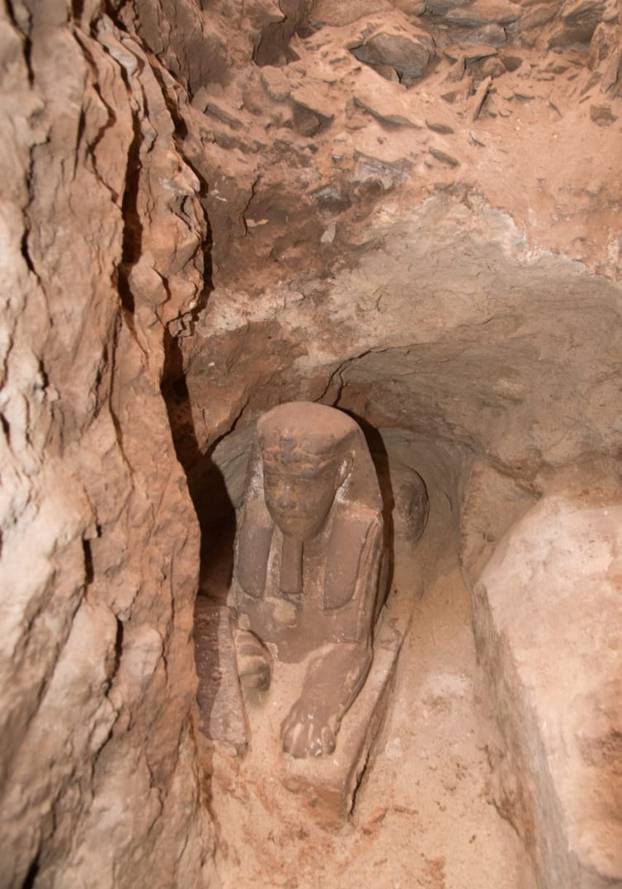 The sandstone statue of Sphinx that was discovered in Kom Ombo Temple in Aswan in upper Egypt is seen in this handout picture