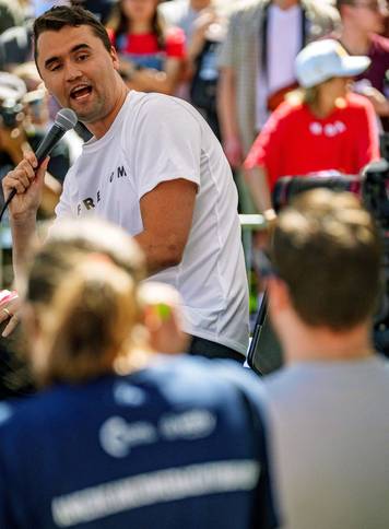 U.S. right-wing activist and commentator Charlie Kirk appears at a Utah Valley University speaking event in Orem