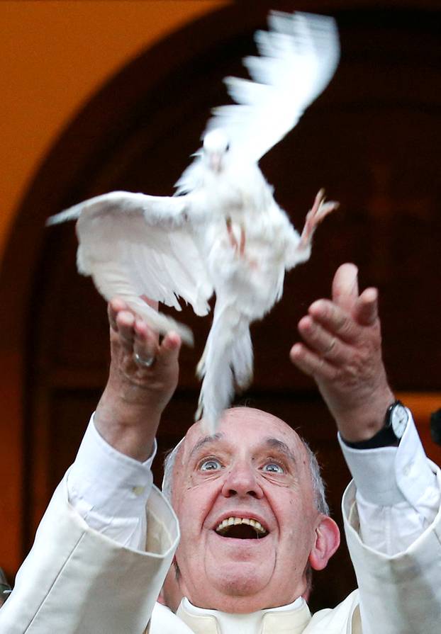 FILE PHOTO: Pope Francis releases a dove at the end of a visit to the Chaldean Catholic Church of St. Simon Bar Sabbae in Tbilisi