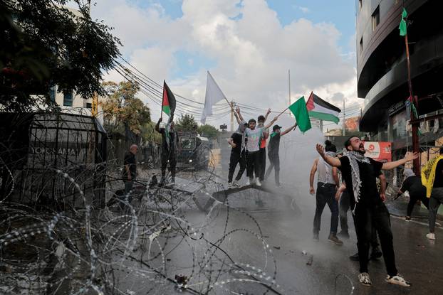 Protest near U.S. embassy in Awkar after Gaza hospital strike