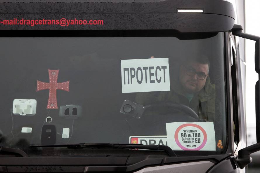 Protest by truck drivers and transport union representatives over disruptions linked to the European Union's new Entry-Exit System, in Gevgelija