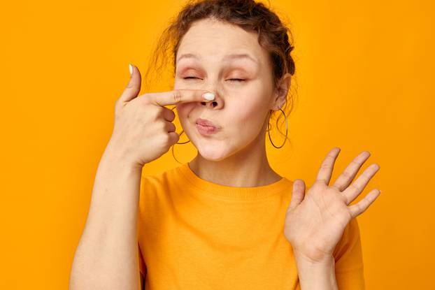 cheerful woman gestures with hands grimace emotions isolated backgrounds unaltered