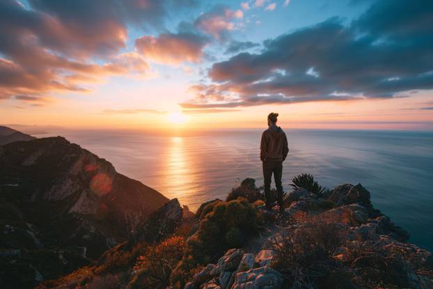 Man standing on the edge of a cliff and looking at the sunset