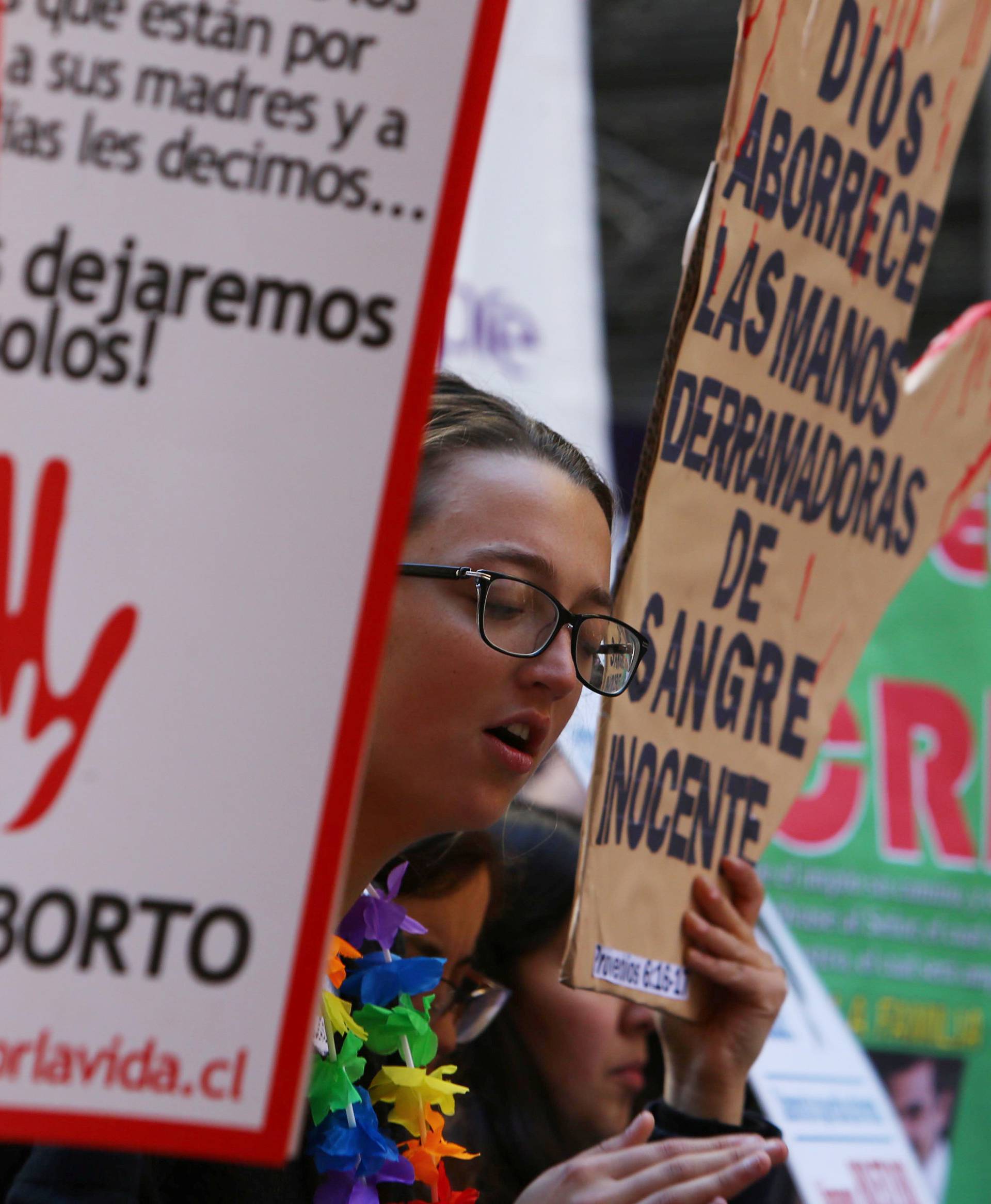 A demonstrator against abortion hold a placard in Santiago