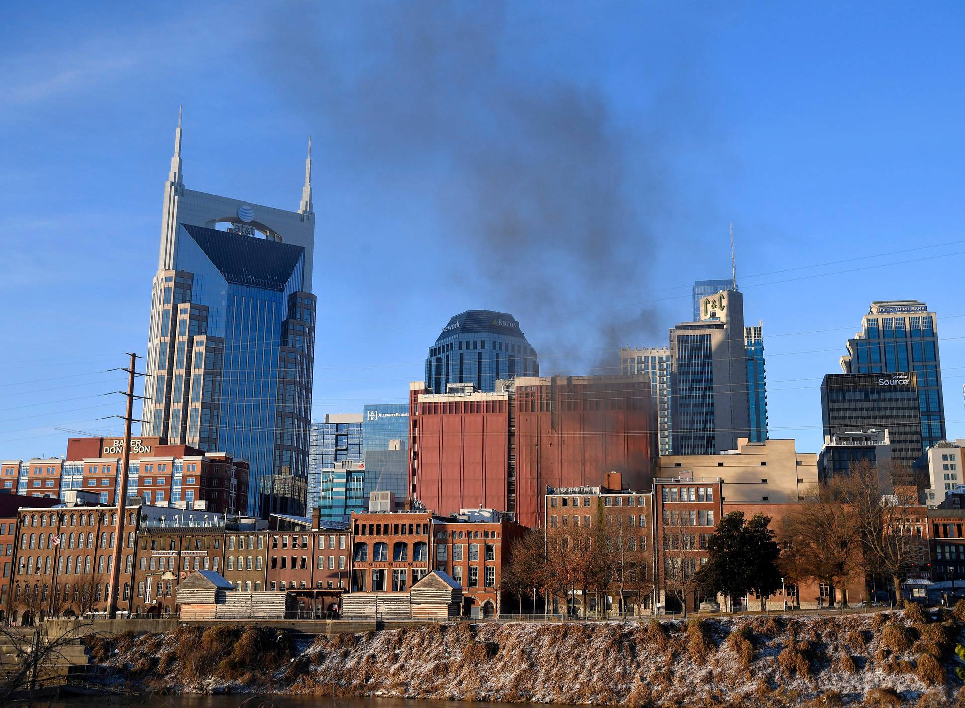 Smoke billows from the site of an explosion in the area of Second and Commerce in Nashville