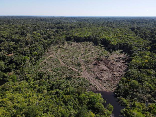 An aerial view shows a deforested plot of the Amazon rainforest in Manaus