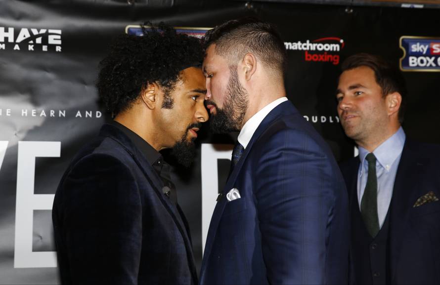 David Haye and Tony Bellew go head to head after the press conference as promoter Eddie Hearn looks on