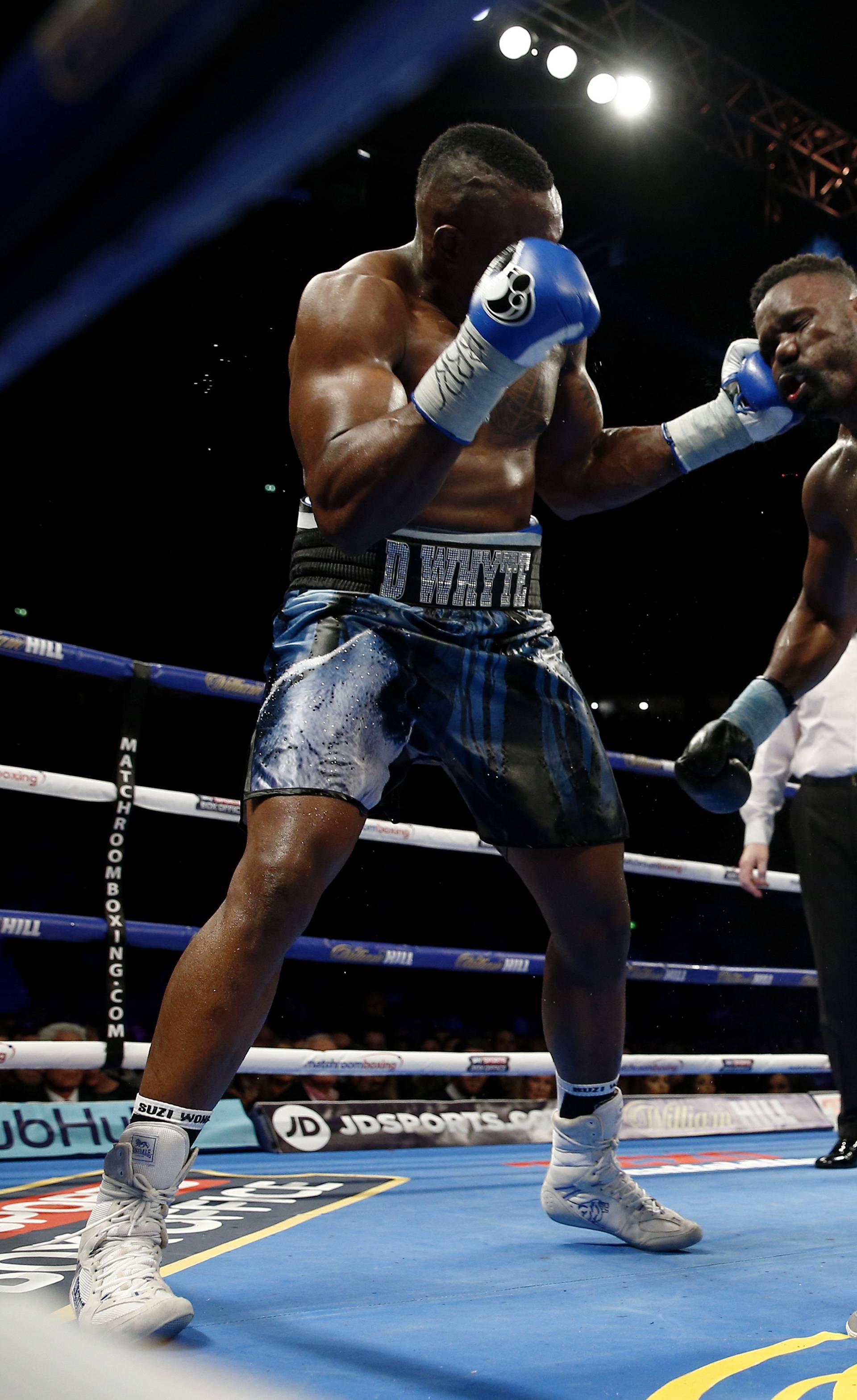 Dereck Chisora in action against Dillian Whyte (L)