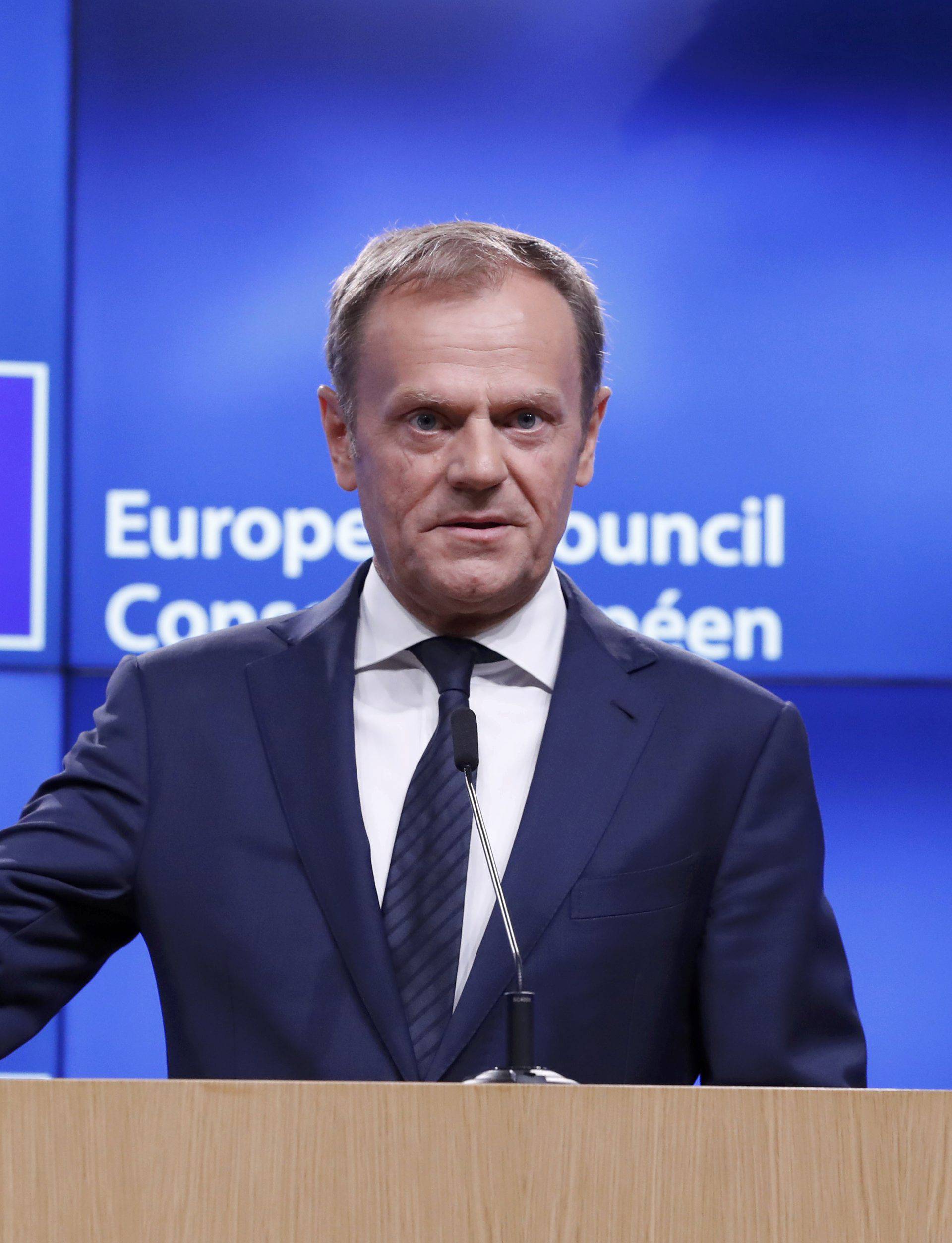 European Council President Donald Tusk holds a news conference after receiving British Prime Minister Theresa May's Brexit letter in Brussels
