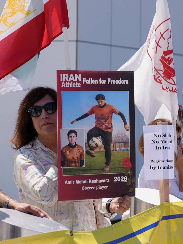 Protest ahead of Iran's first match during the FIFA World Cup 2026, near SoFi Stadium