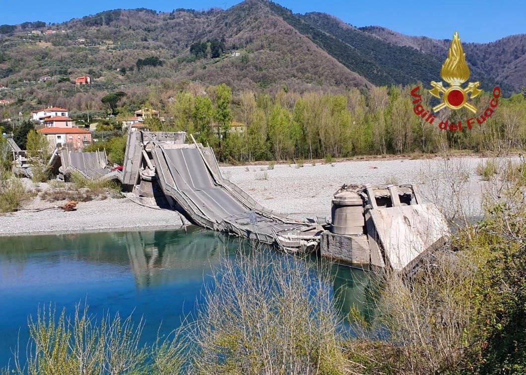 A collapsed bridge is seen on SP70 highway in Massa Carrara