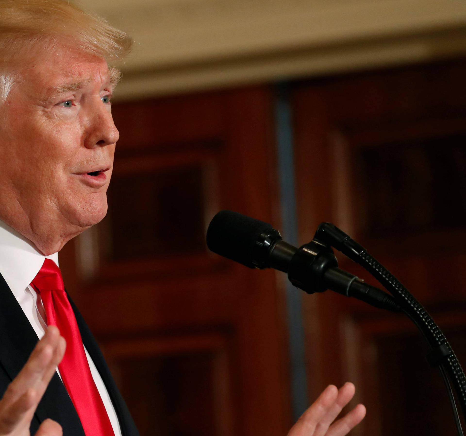 U.S. President Donald Trump holds a joint news conference with Swedish Prime Minister Stefan Lofven in the White House East Room in Washington