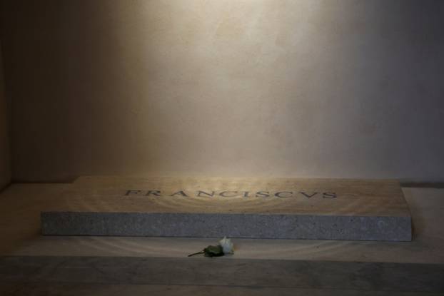 A flower is placed at tomb of the late Pope Francis in the Papal Basilica of Saint Mary Major (Santa Maria Maggiore), in Rome