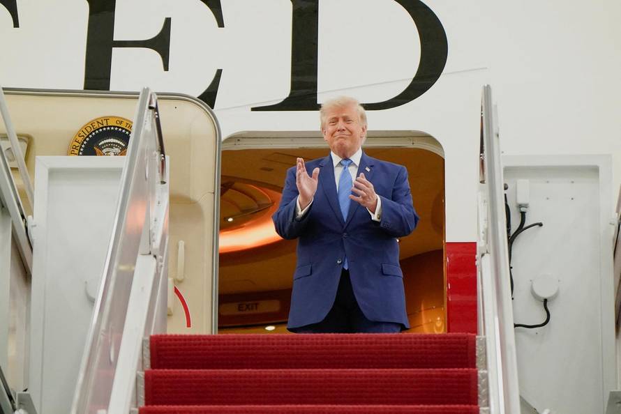U.S. President Trump views the VC-25B aircraft gifted by Qatar and set to be used as Air Force One, at Joint Base Andrews