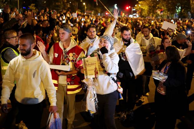 Demonstrators protest to mark the first anniversary of the fatal November 2024 Novi Sad railway station canopy collapse, in Novi Sad