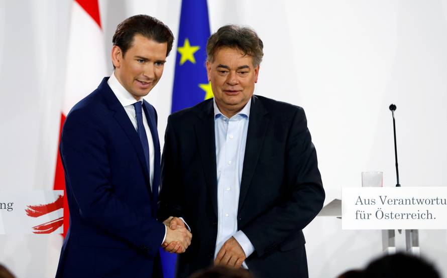 FILE PHOTO: Head of Austria's Green Party Werner Kogler and head of People's Party (OeVP) Sebastian Kurz shake hands after delivering a statement in Vienna