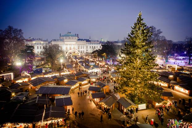 Vienna,Traditional,Christmas,Market,2016,,Aerial,View,At,Blue,Hour