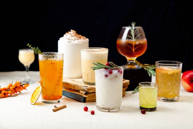 Set of various winter cocktails 