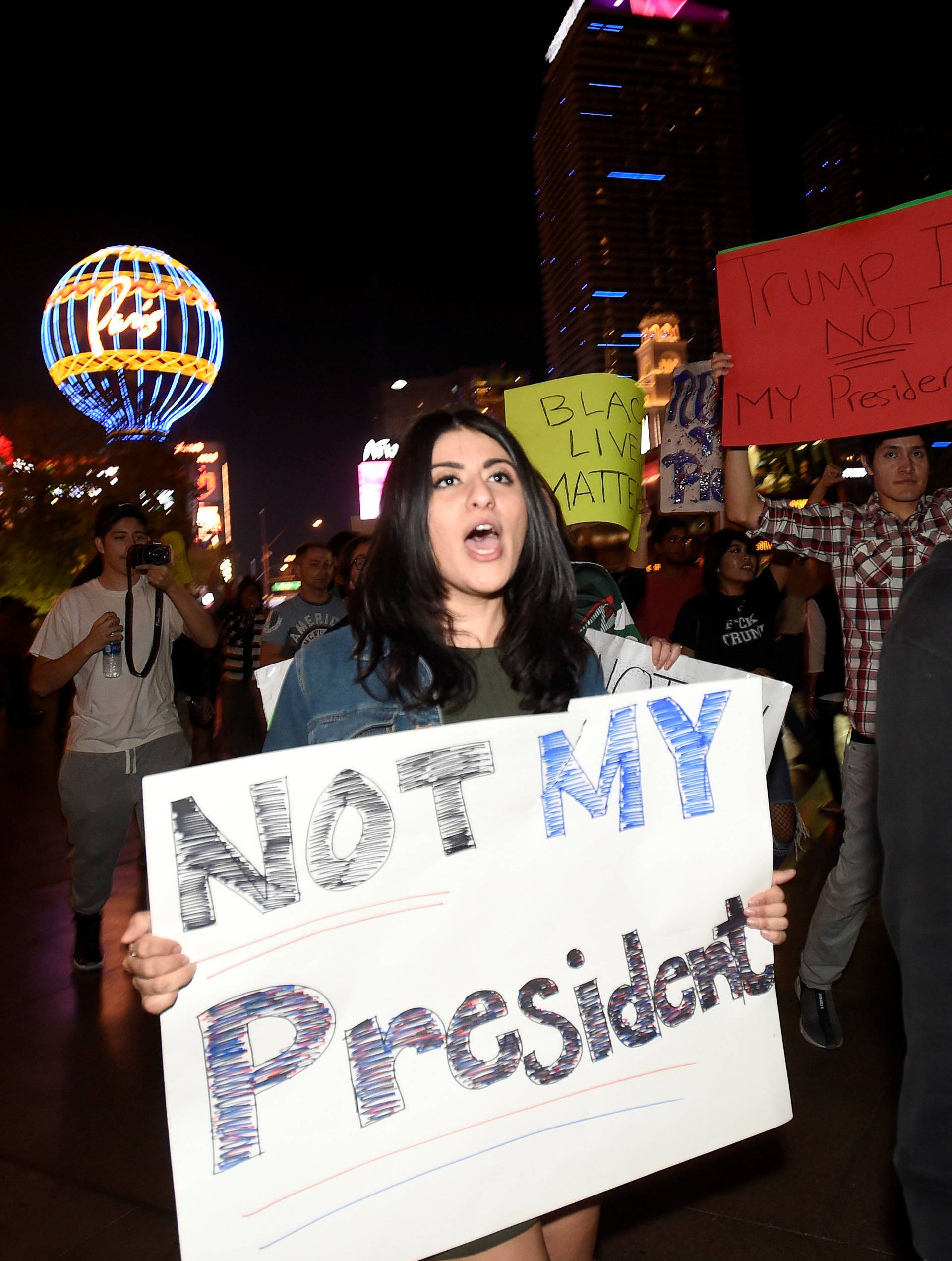 Demonstrators chant during a protest march against the election of Republican Donald Trump as President of the United States, along the Las Vegas Strip in Las Vegas