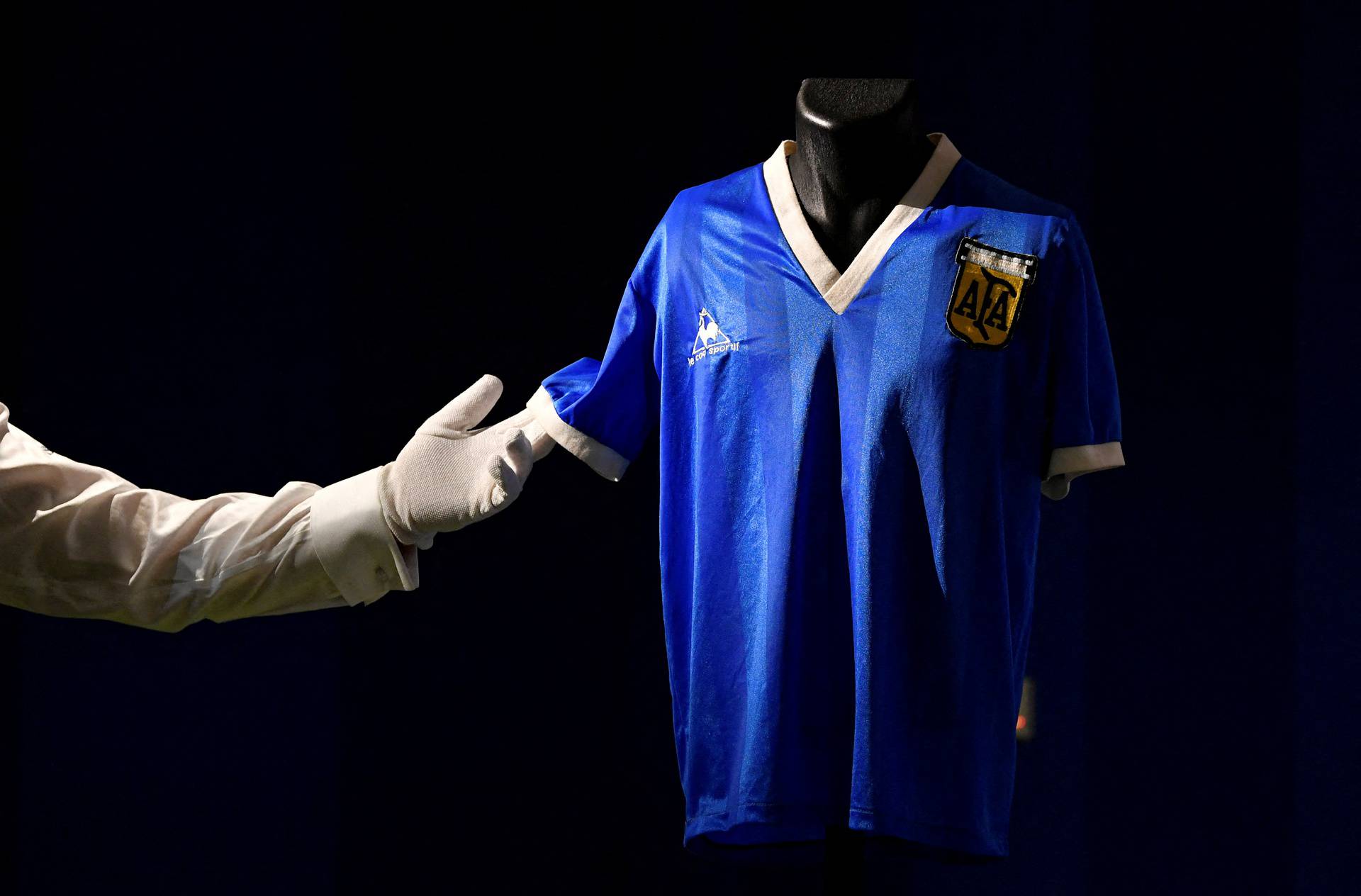 Shirt worn by Argentinian soccer player Maradona is displayed ahead of auction by Sotheby's, in London