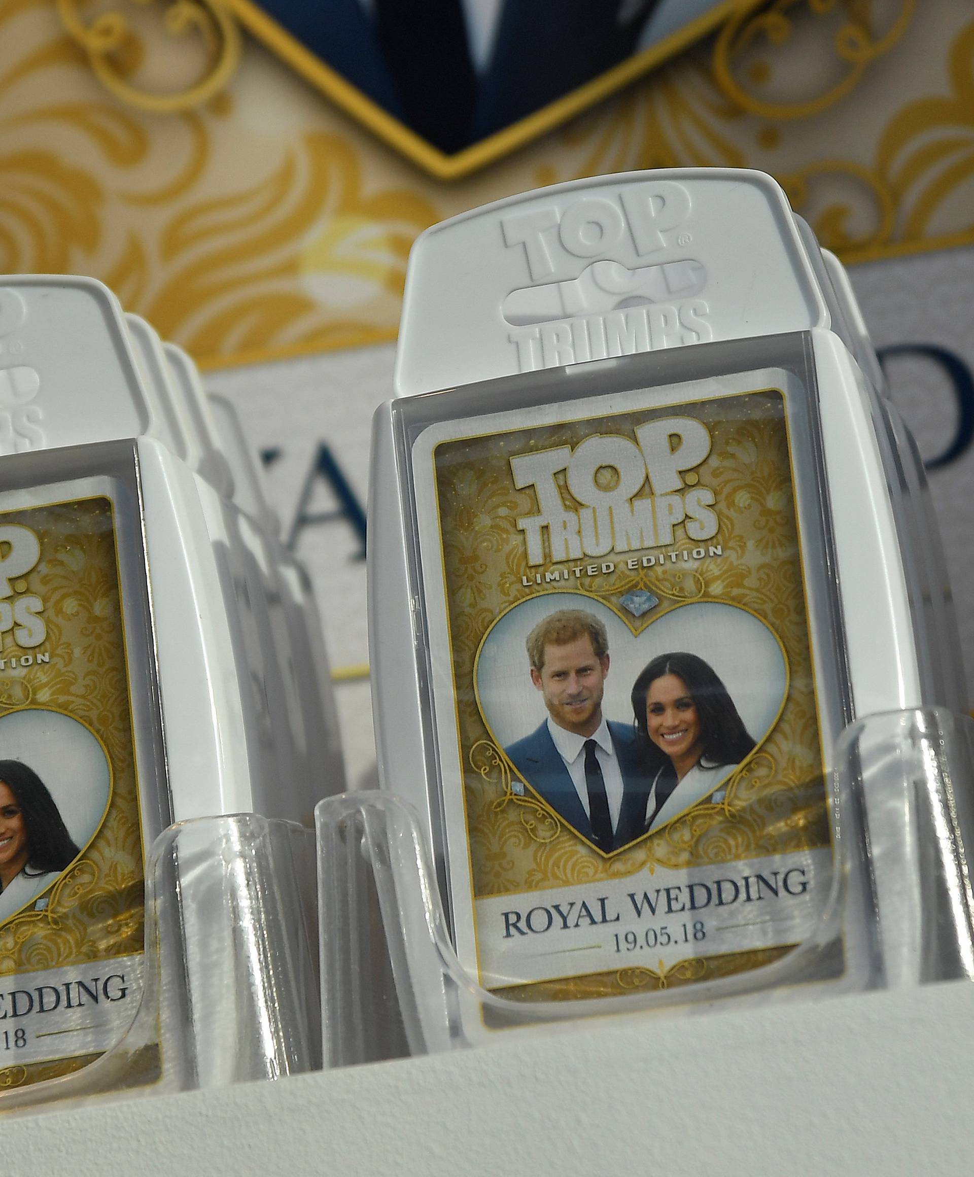 A card game themed on the forthcoming wedding of Britain's Prince Harry and his fiancee Meghan Markle is seen for sale in a shop in Windsor, Britain