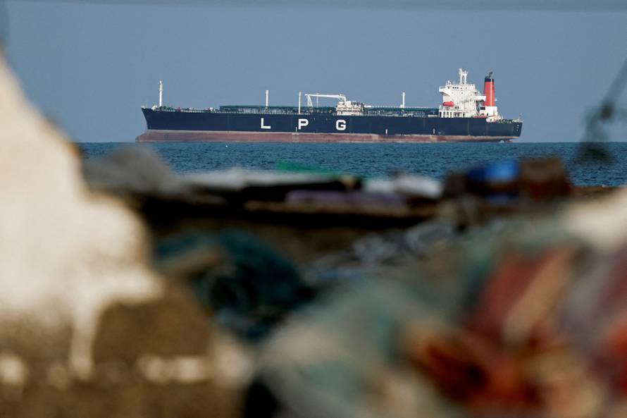 An LPG gas tanker at anchor as traffic is down in the Strait of Hormuz, in Shinas