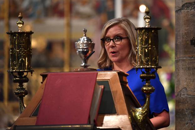 Lucy Hawking, daughter of Stephen Hawking, speaks at a memorial service for British scientist Stephen Hawking during which his ashes will be buried in the nave of the Abbey church, at Westminster Abbey, in London