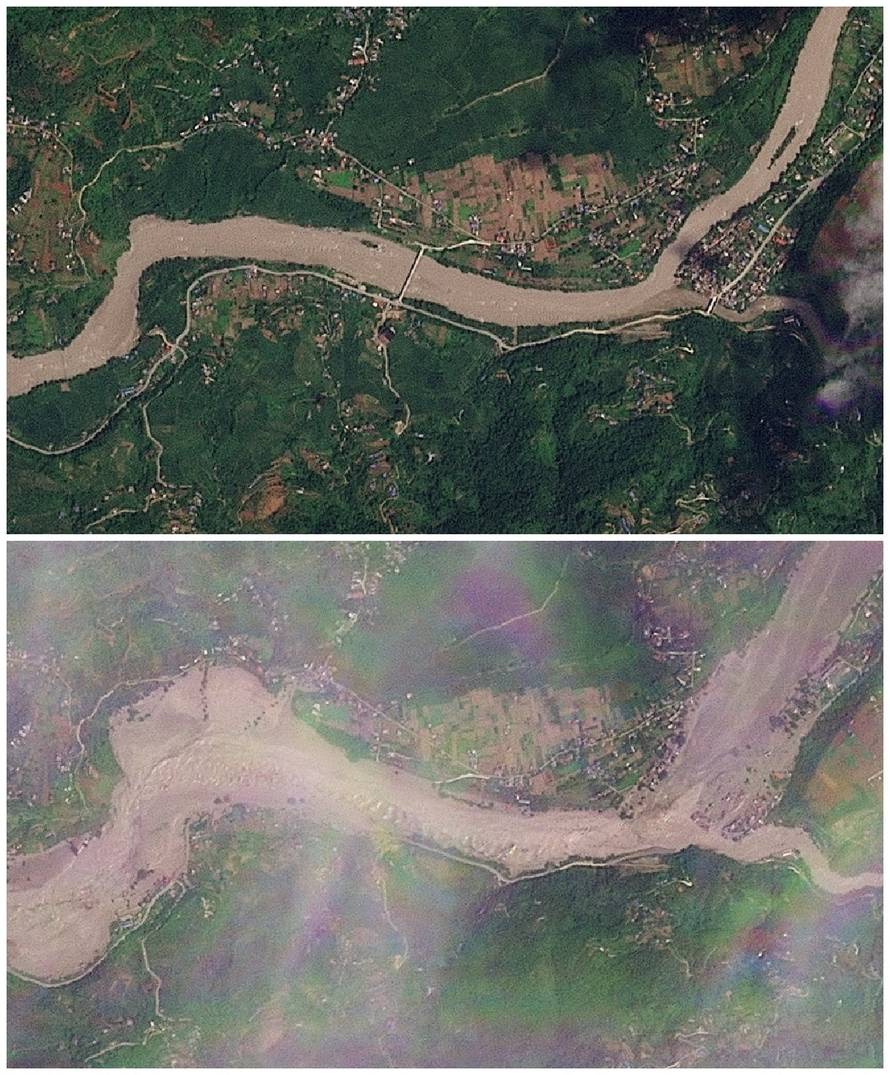 A combination of satellite images show Khadga Bhanjyang before and after a flash flood