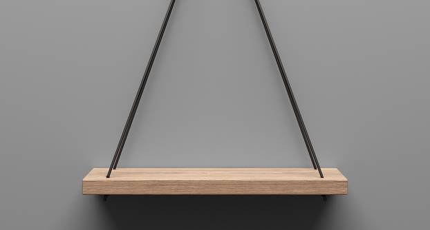 empty wooden shelf hanging on rope with light from the top. 3d illustration