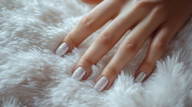 A macro shot of female hands with glitter nail polish, touching a soft, fluffy white fur.