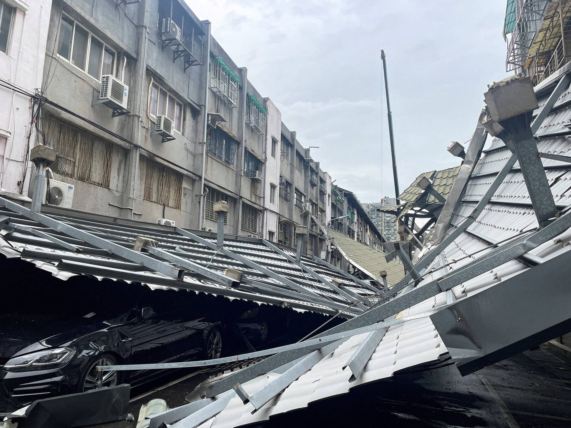 A view of a damaged rooftop after Typhoon Kong-rey made landfall in Taipei