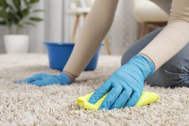 Woman,In,Rubber,Gloves,Cleaning,Carpet,With,Rag,Indoors,,Closeup.