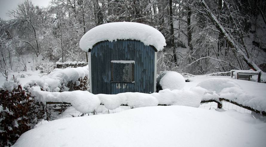 A construction trailer is seen after heavy snowfall near Reitham