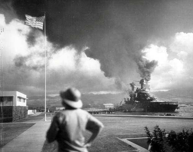 Archive photo of the damaged battleship USS California at Pearl Harbor