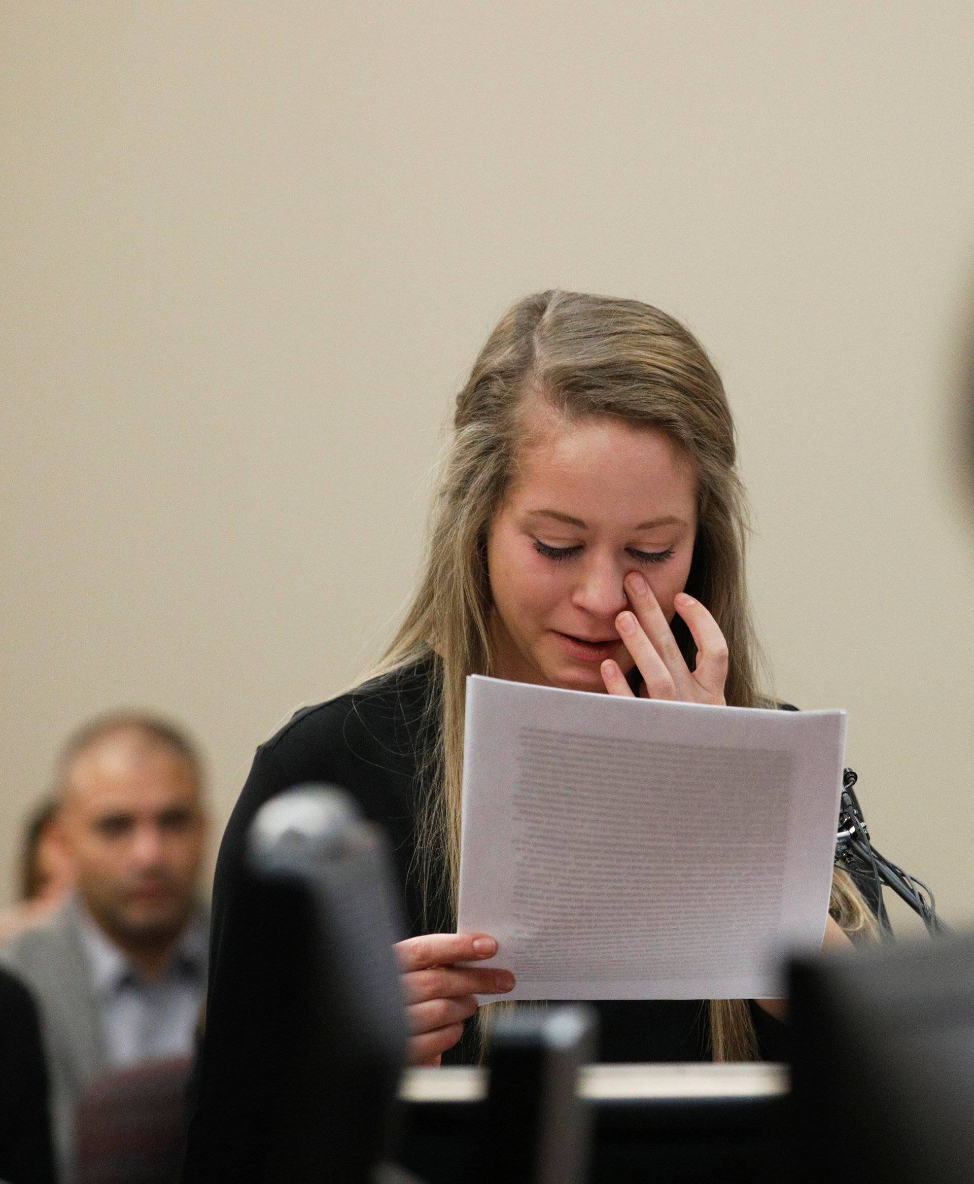Victim Emily Morales speaks at the sentencing hearing for Larry Nassar, a former team USA Gymnastics doctor who pleaded guilty in November 2017 to sexual assault charges, in Lansing, Michigan
