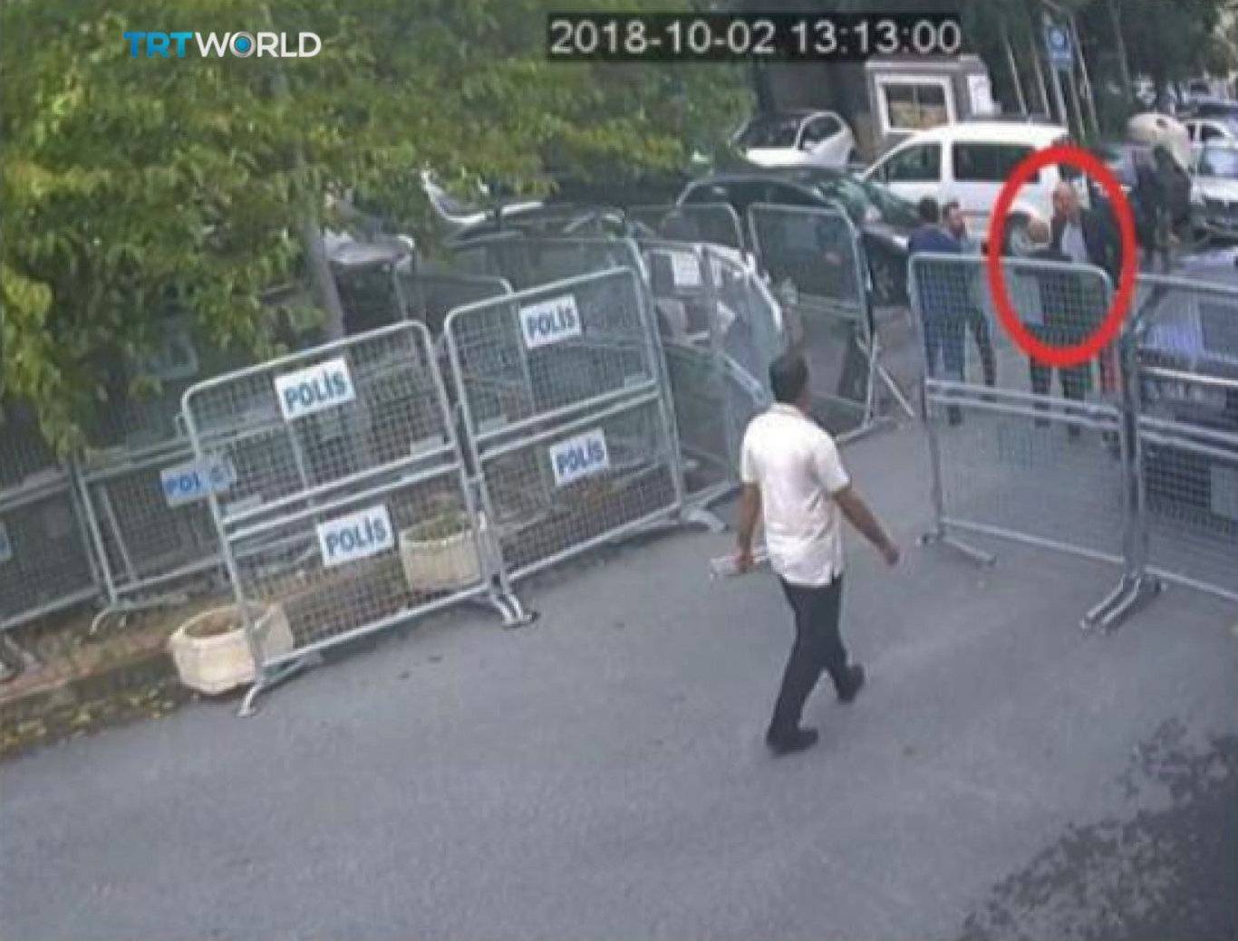 A still image taken from CCTV video and obtained by TRT World claims to show Saudi journalist Jamal Khashoggi, highlighted in a red circle by the source, as he stands outside the Saudi Arabia's Consulate in Istanbul
