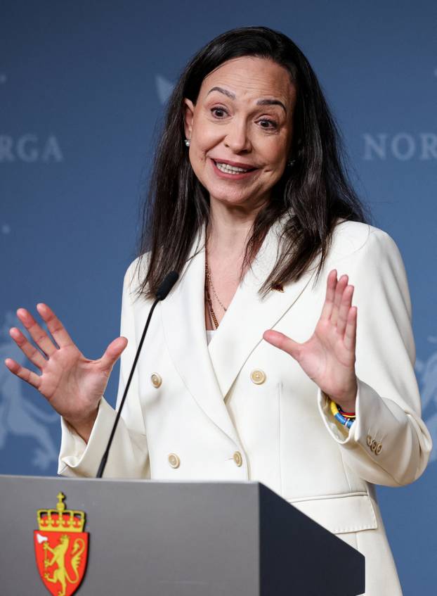 Nobel laureate and Venezuelan opposition leader Machado holds press conference with Norwegian Prime Minister Stoere, in Oslo