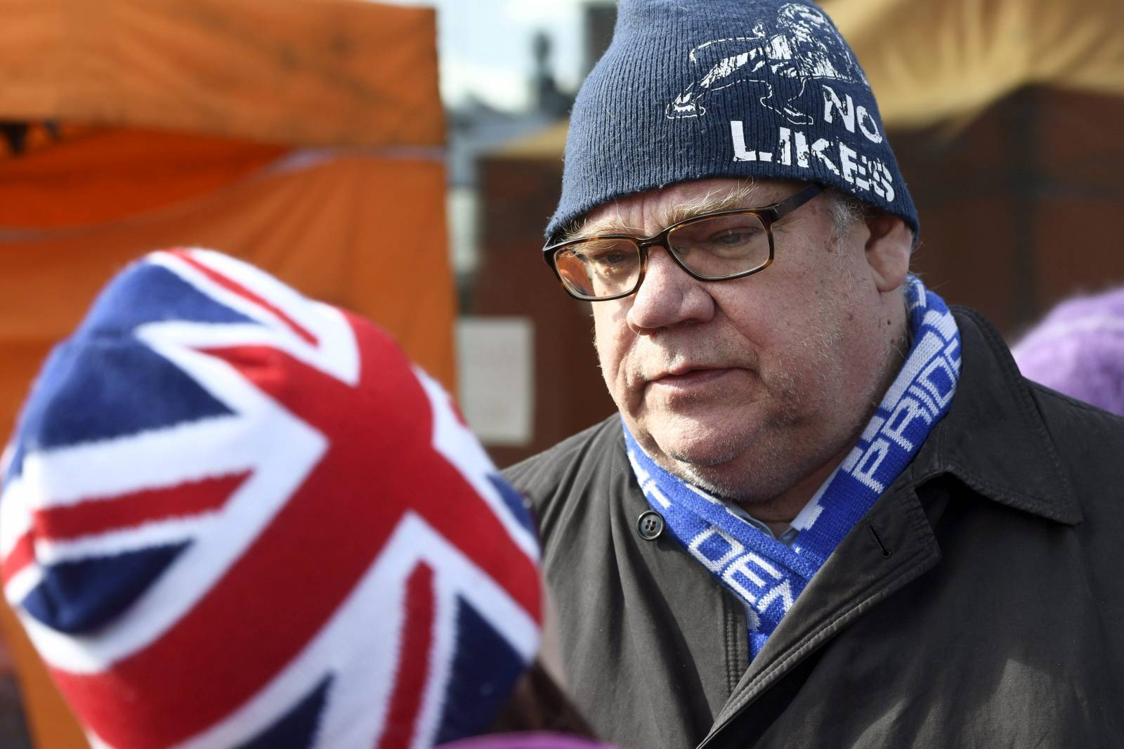 Finnish Foreign Minister Timo Soini is seen after an attempted attack at the Korson Maalaismarkkinat country fair in Vantaa