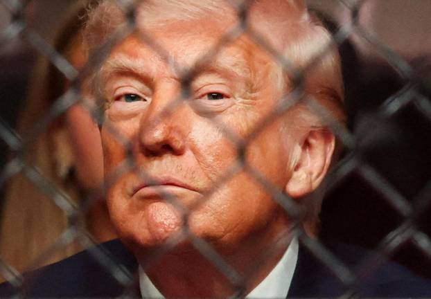 U.S. President Donald Trump attends the UFC 327 event at Kaseya Center in Miami