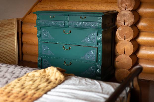 Old,Renovated,Chest,Of,Drawers,With,Carved,Patterns,Painted,Turquoise
