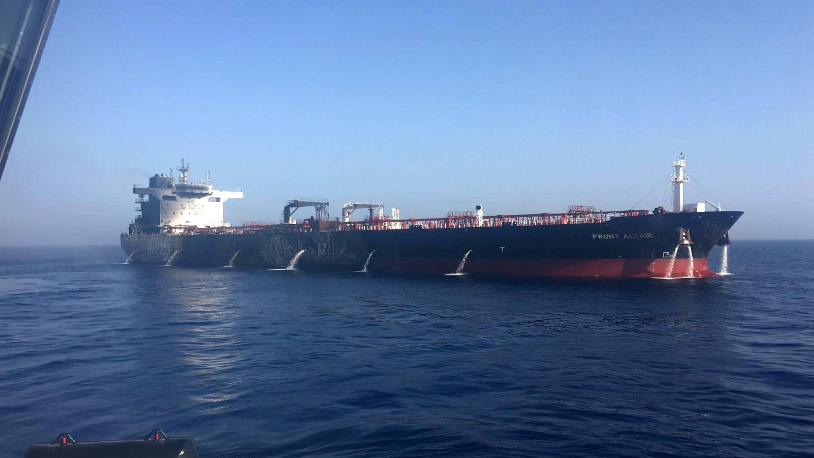 A handout photo made available by the Norwegian shipowner Frontline of the crude oil tanker Front Altair after the fire onboard the ship in the Gulf of Oman