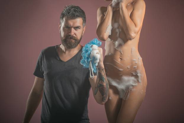 hygiene concept. hygiene of couple in love with bearded man and girl.