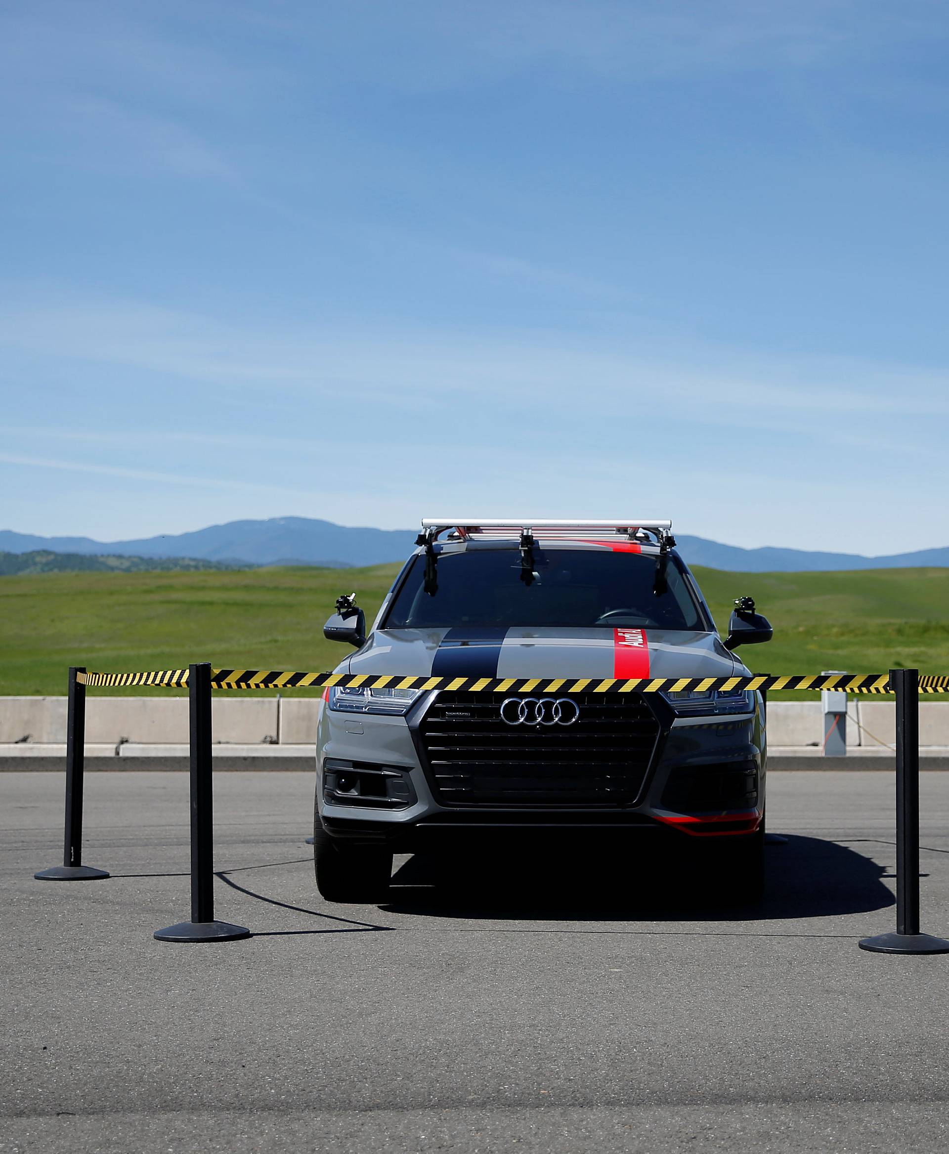 An Audi self-driving vehicle is seen during a self-racing cars event at Thunderhill Raceway in Willows, California