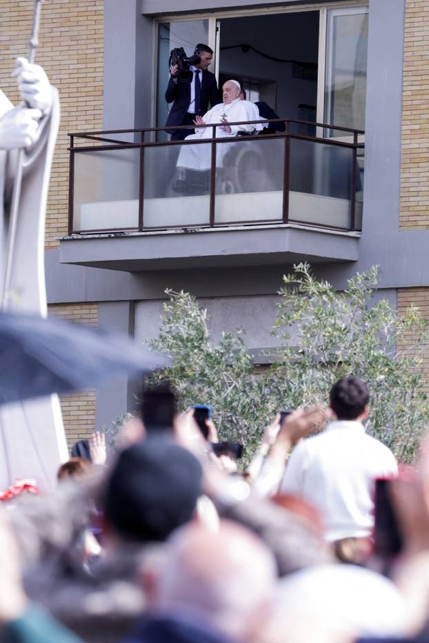 Pope Francis' first public appearance in five weeks on the day of his discharge from Gemelli hospital, in Rome