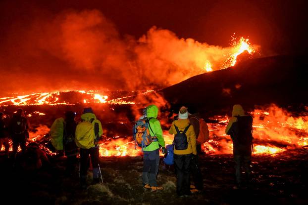 Lava flows from a volcano in Reykjanes Peninsula, Iceland