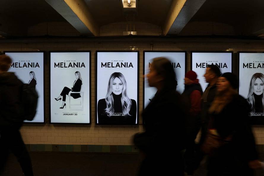 Movie posters featuring first lady Melania Trump are displayed in a New York City subway station