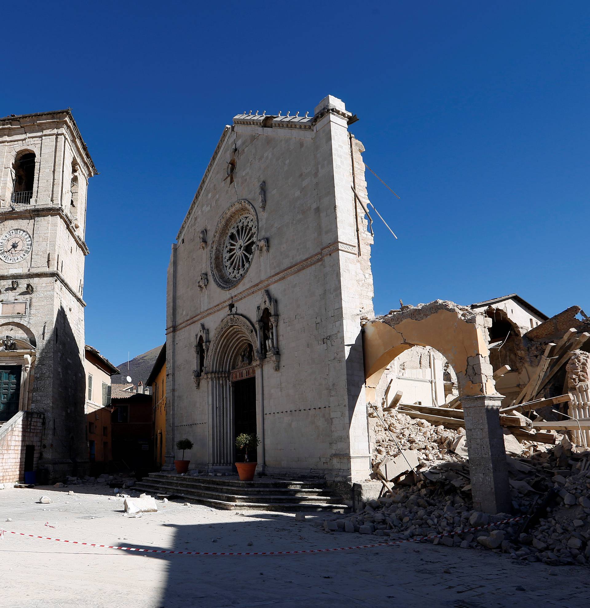 St. Benedict's Cathedral in the ancient city of Norcia is seen following an earthquake in central Italy