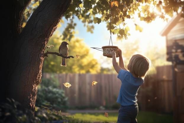 Child feeding a bird in a backyard during golden hour